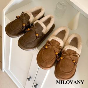 [밀로바니] 라뮤 둥근코 스티치 스웨이드 리본 방울 여성 방한 뽀글이 퍼 로퍼 2cm