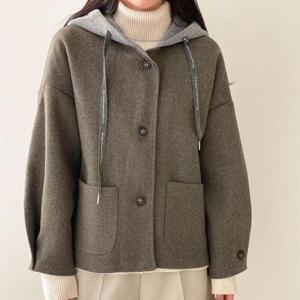 [다잇템_패션]여자 콘트라스트 주머니 보온 짧은 울코트 코트