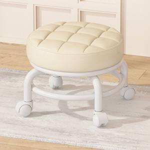 앉은뱅이 바퀴의자 동글뱅이 고급 인테리어 가죽시트 바퀴달린 이동식 의자 화이트 F801