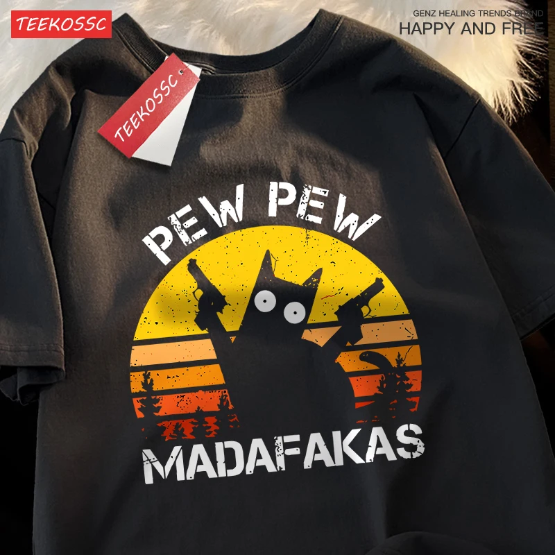 Pew Pew Madafakas Cat With Two Guns 티셔츠 맨 스트리트 여름 반팔 하라주쿠 코튼 티셔츠 오버 사이즈 통기성 탑