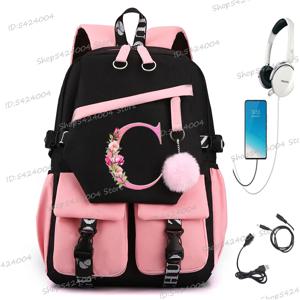 십대 소녀용 꽃 학교 가방, 핑크 꽃 알파벳, 귀여운 선물, 학생 책가방, 문자 A, B, C, D 여행 백팩, 26 이니셜