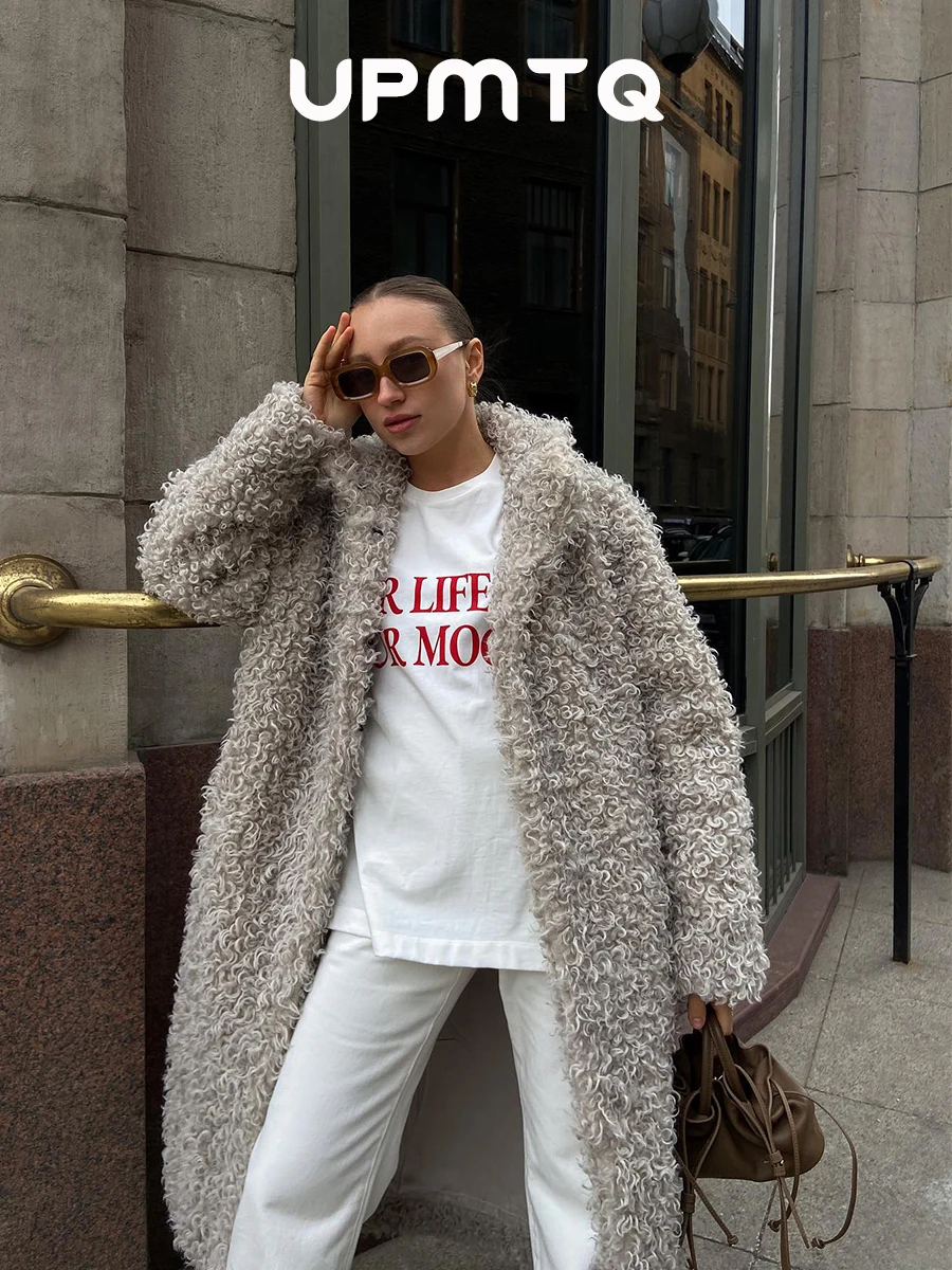 여성용 그레이 울 페이크 퍼 시어링 롱 코트 2025 겨울 패션 트렌디 테디 맥시 코트 몽키 컬리 클린 핏 아우터웨어