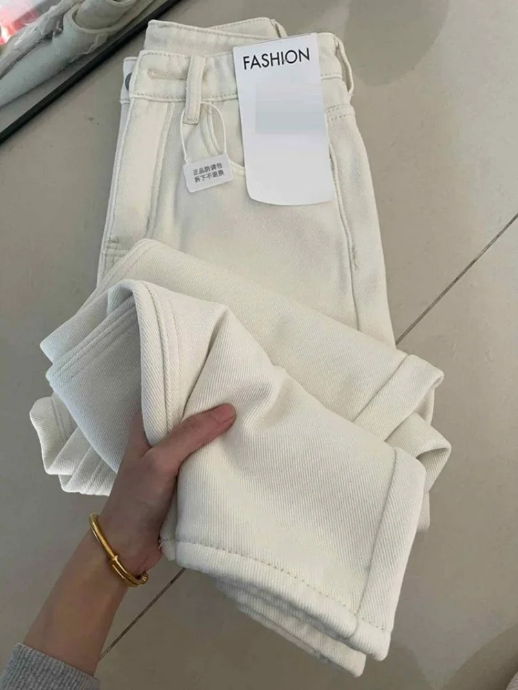 플러스 사이즈 플리스 안감 화이트 진 여성용 루즈 스트레이트 레그 와이드 레그 팬츠 하이 웨이스트 가을 겨울 신상 캐주얼 데님