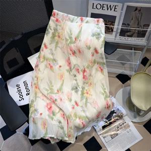 봄 여성 쉬폰 미디 기장 한국 스타일 스윗 프렌치 프린트 루즈핏 밴딩 스커트 우아한 분위기 원피스