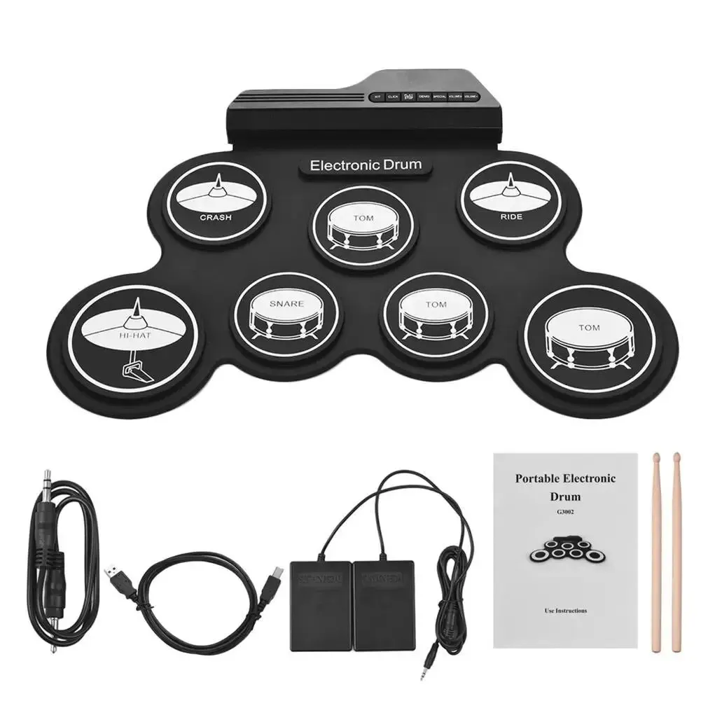 2022New 접이식 실리콘 핸드 롤 USB 전자 드럼 휴대용 연습 드럼 패드 키트 드럼 스틱 서스테인 페달