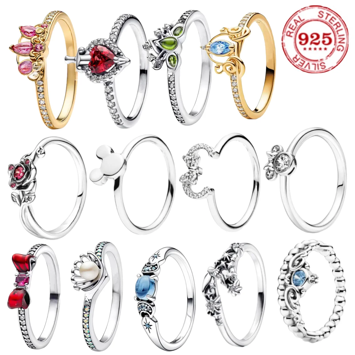 핫 100% 925 스털링 실버 디즈니 프린세스 시리즈 쉘 미키 보우 크라운 지르콘 참 반지 여성 쥬얼리 파티 액세서리 선물