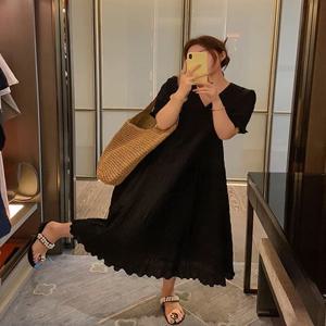 플러스 사이즈 여성용 브이넥 드레스 여름 루즈핏 살 커버 주름진 A라인 롱 스커트 캐주얼 한국 스타일 드레스 배형 체형용