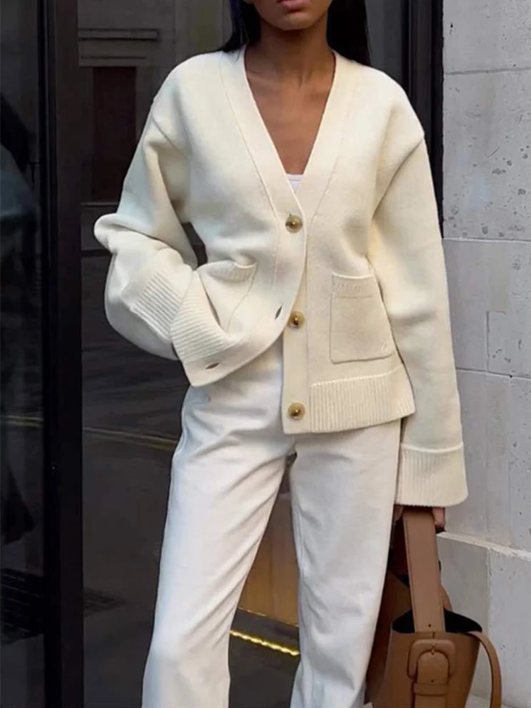 솔리드 컬러 니트 가디건 여성용 우아한 긴팔 V넥 싱글 버튼 코트 여성 캐주얼 가을 겨울 스웨터 탑 2