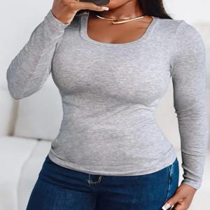 여성용 브라가 내장된 캐주얼 U넥 긴 소매 탑 심리스 슬림핏 셔츠