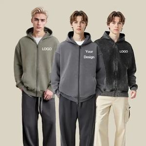 가을 겨울 450g 레트로 워시드 플리스 후드 스웨트셔츠 남성 헤비웨이트 커플룩 솔리드 컬러 재킷 맞춤형 프린트 로고