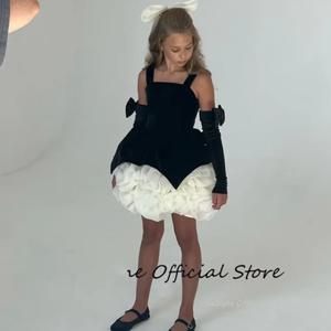 A 라인 미니 플라워 걸 원피스, 분리형 소매, 러플 벨벳 스커트, 소녀 파티 드레스, 2025 키즈 가운, 맞춤형