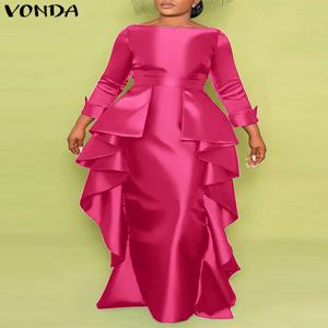 플러스 사이즈 보헤미안 맥시 롱 원피스 2025 VONDA 여성용 우아한 새틴 원피스 러플 선드레스, 캐주얼 베스티도 단색 로브, 5XL