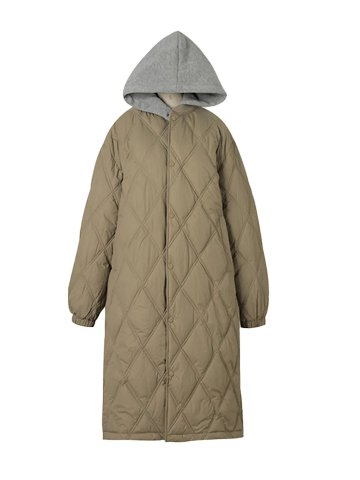 여성용 중간 길이 경량 다운 코튼 재킷 다이아몬드 그리드 니트 코트 무릎 길이 겨울 패션 한국 스타일 루즈핏