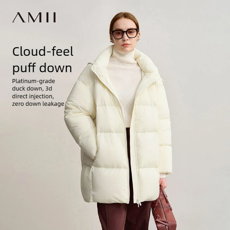 아미 다운 코트 여성 2025 겨울 신상 루즈핏 탈부착 후드 지퍼 따뜻한 긴 소매 단색 오리털 다운 재킷 12524011