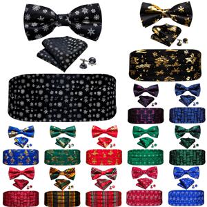 Barry.Wang 남성용 조절식 크리스마스 실크 커머번드 나비 넥타이 포켓 스퀘어 커프스 단추 세트, 자카드 스노우 산타 크리스마스 트리, 럭셔리 선물