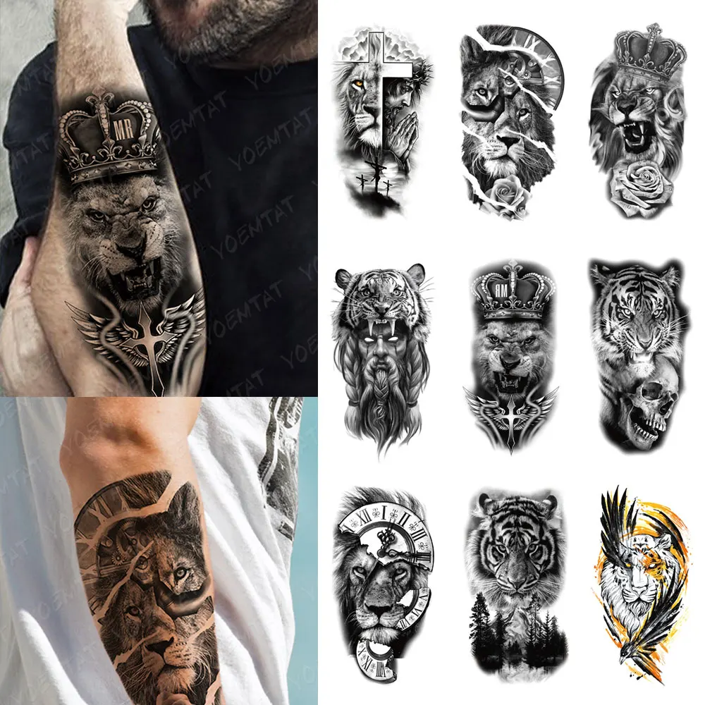 크로스 라이온 방수 임시 문신 스티커 크라운 장미 꽃 호랑이 늑대 전사 바디 아트 팔 가짜 문신 슬리브 여성 남성