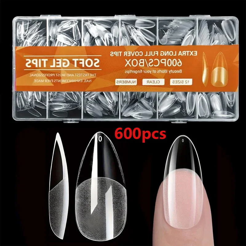 600개 아몬드형 네일 팁, 세미 매트, 풀 커버리지, 아크릴 네일 팁, 미디엄 글루, 가짜 손톱, 네일 살롱, 홈 DIY 프레스온 네일