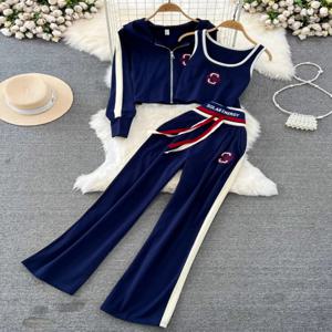 여성용 지퍼 후드 가디건 재킷 + 베이스 조끼 + 하이웨이스트 와이드 레그 팬츠, 한국 캐주얼 세트, 패션 Y2k 쓰리피스 세트