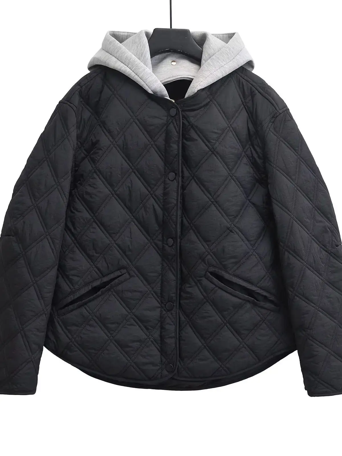 여성용 캐주얼 후드 솔리드 블랙 패딩 봄버 코트, 기본 퀼트 루즈 파카 재킷, 가을 겨울 패션, 2025 신상