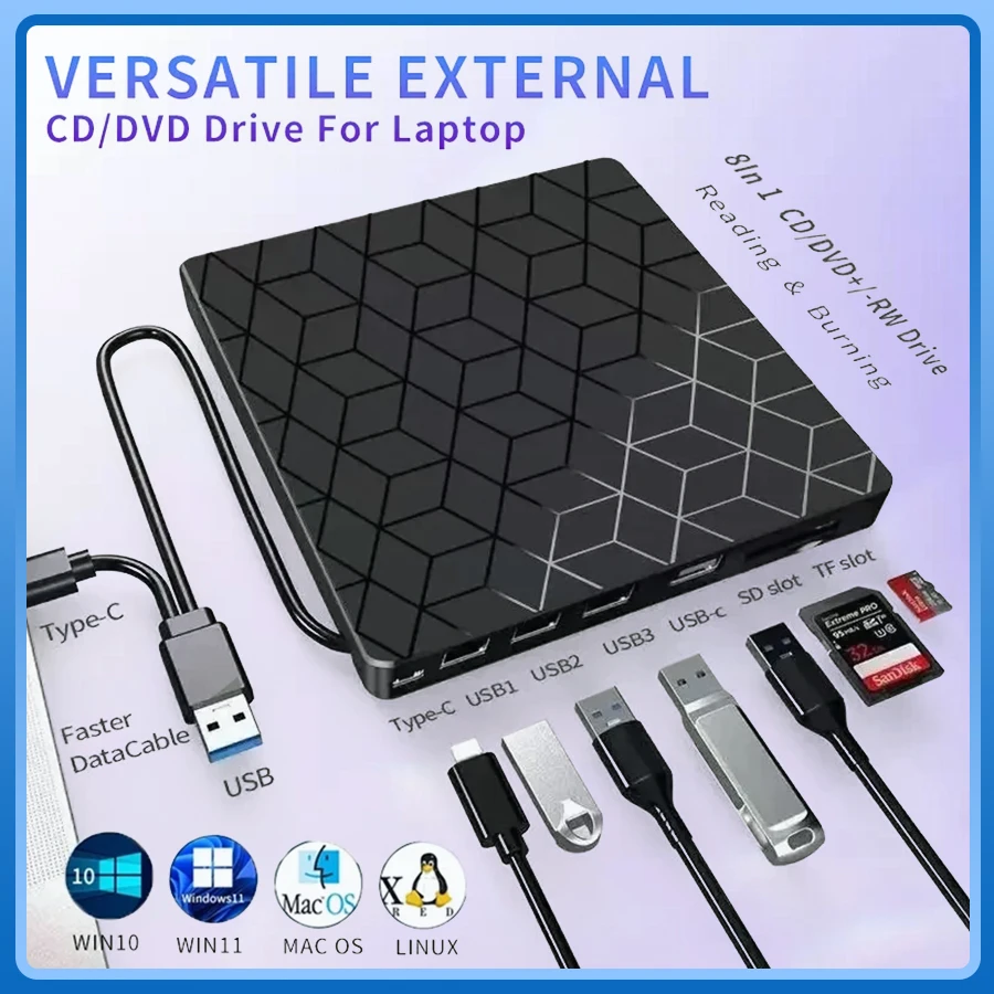 7 in 1 USB3.0&타입 C CD DVD 레코더 플레이어 외장 DVD 버너 광학 드라이브 휴대용 리더 (노트북, 데스크탑, 노트북용)