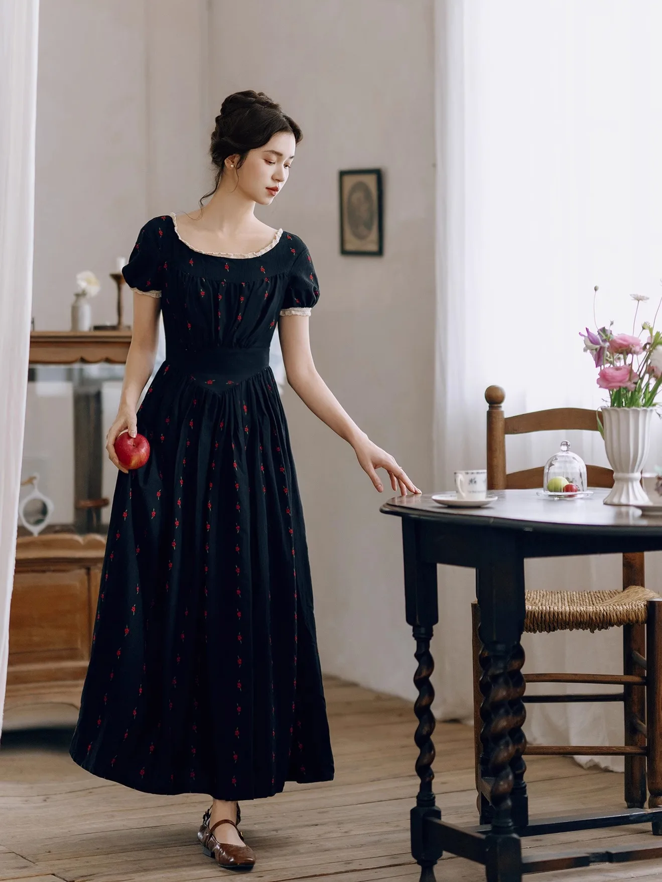 티이하일리 여름 여성 100% 면 블랙 드레스 반팔 롱 맥시 여성용 사이즈 S-XL 빈티지 하이웨이스트 꽃 레이스 2025 신상