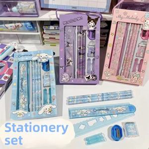 Sanrio Hellokitty Cinnamoroll 멜로디 쿠로미 문구 세트 연필 지우개 자 만화 학교 용품 학습 문구 선물
