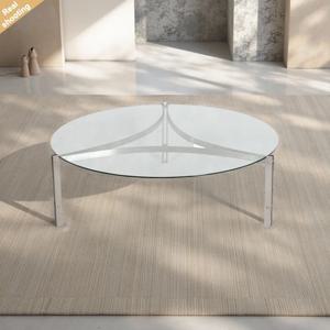 모던 심플 솔리드 스테인리스 스틸 조립식 디자인 간편 배송 원형 유리 커피 테이블 중앙 테이블