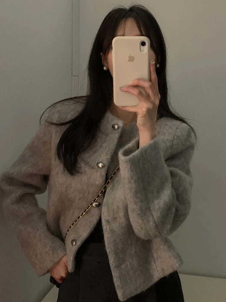 우아한 짧은 울 가디건 여성용 가을 겨울 루즈핏 패션 아우터웨어 버튼업 탑 레이디라이크 시크 스타일