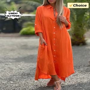 여성용 코튼 및 대마 플러스 사이즈 원피스 우아한 셔츠, 긴 원피스, 패셔너블한 캐주얼 긴팔, 해변 스타일 원피스, 여름 신상