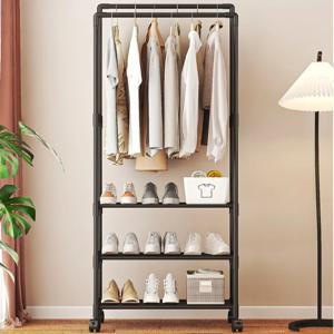 바닥 서 이중 극 옷 걸이 옷장 코트 랙 옆에 이동식 선반 간단한 의류 건조 랙 옷장 주최자