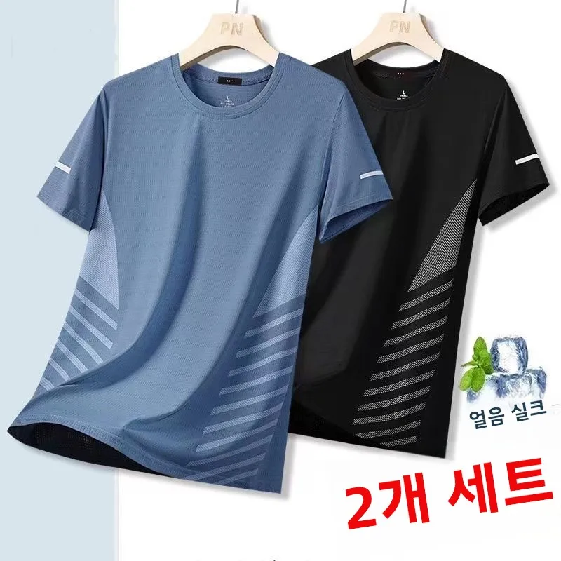 아이스 실크 메쉬 통기성 반팔 티셔츠 남성 여름 빠른 건조 루즈핏 플러스 사이즈 캐주얼 스포츠 반팔 라운드넥 티