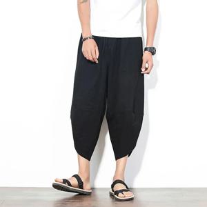 여름 남성용 루즈핏 코튼 린넨 7부 바지 와이드 레그 당근 바지 하란 팬츠 트렌디 캐주얼 바지 편안한 착용감