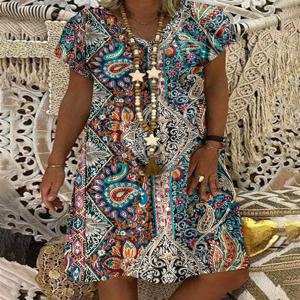플러스 사이즈 유럽 및 미국 크로스보더 봄 여름 신상 캐주얼 V넥 프린트 반팔 원피스