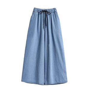 루즈핏 허리끈 데님 와이드 레그 팬츠 여성 플러스 사이즈 캐주얼 스트레이트 워크웨어 7부 여름 가을 패션