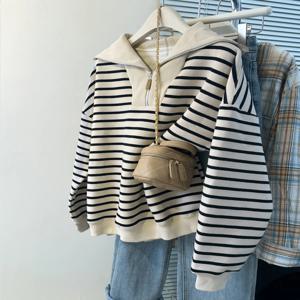 아메리칸 시크 레이지 하프 집업 폴로넥 긴팔 스웨트셔츠 여성 봄 가을 루즈핏 한국 버전 얇은 스트라이프 트렌디 탑