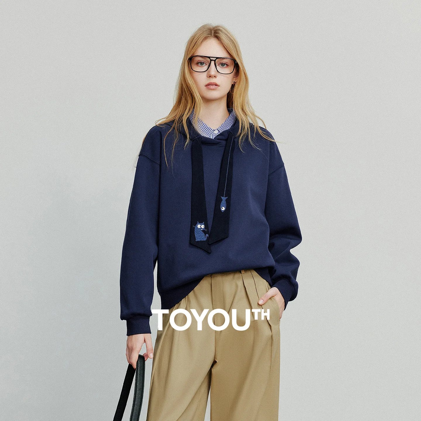 토이유스 여성 후드티셔츠 2025 가을 신상 카우보이 스타일 고양이 자수 타이 코튼 후드 풀오버 탑