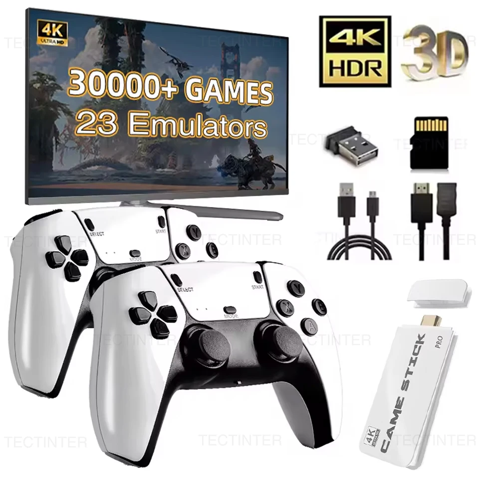 M15 4K 게임 스틱 미니 레트로 비디오 게임 콘솔 휴대용 게임기 내장 30000가지 게임 2.4G 무선 게임패드 컨트롤러 포함