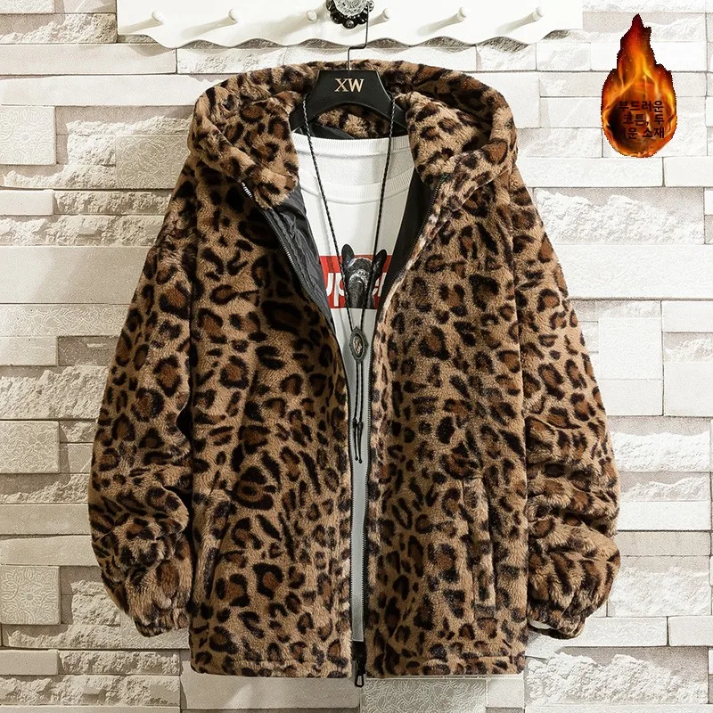레트로 레오파드 프린트 하라주쿠 힙합 스타일 루즈핏 기모 안감 두꺼운 후드 따뜻한 코튼 재킷 가을 겨울 폴리에스터 섬유