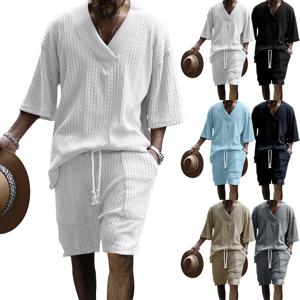 남성용 캐주얼 루즈 자카드 운동복 V넥 반팔 반바지, 하이 스트리트 패션 세트, 2024 여름 신상