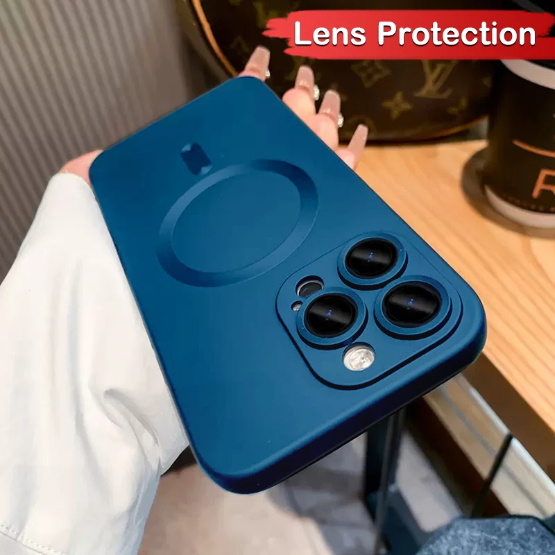 Magsafe 용 럭셔리 iPhone 13 용 무광택 전화 케이스 11 12 14 15 Pro Max 자기 무선 충전 케이스 렌즈 보호기 소프트 커버