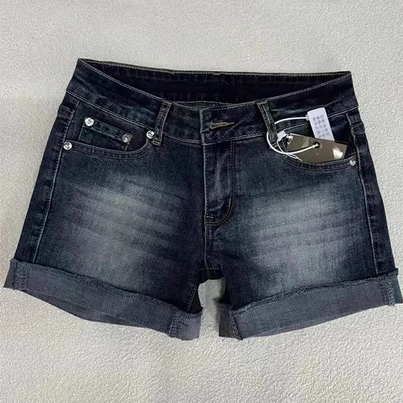 레트로 롤업 밑단 딥 블루 데님 반바지 여성 여름 섹시한 저층 엉덩이 덮음 핫 바지 American Distressed Washed Jean Short
