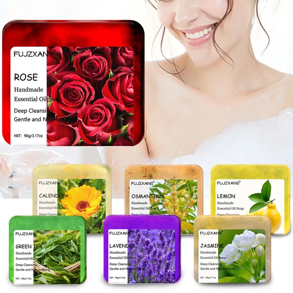 FUJZXANS 수제 에센셜 오일 비누 바 90g - 장미, 자스민, 녹차, 금잔화, 오스만투스, 라벤더, 레몬 - 오래 지속되는 7개