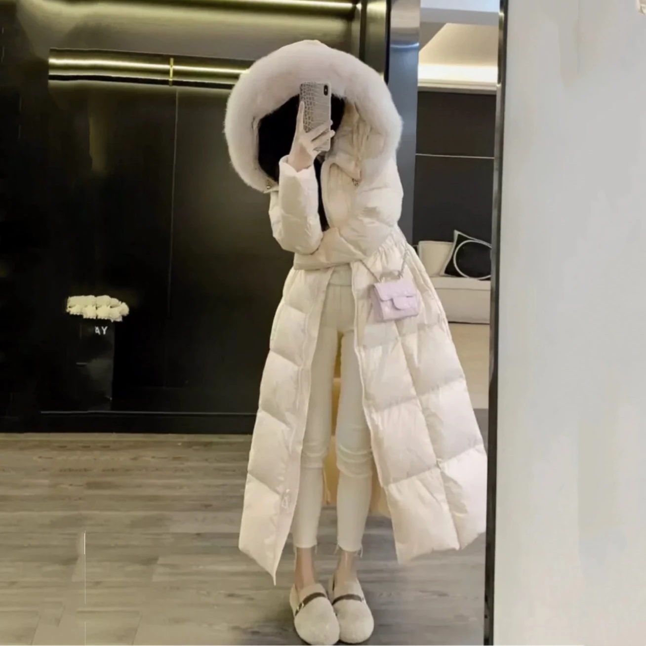 고급 여성용 롱 다운 코튼 재킷 두꺼운 따뜻한 허리 조임 슬림핏 겨울 코트 한국 스타일 지퍼 클로저 솔리드 컬러