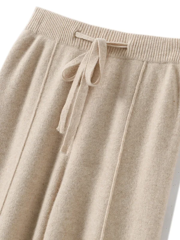 하이웨이스트 니트 울 와이드 레그 팬츠 롱 기장 드로스트링 스트레이트 캐주얼 루즈 슬리밍 가을 겨울 패션 여성용