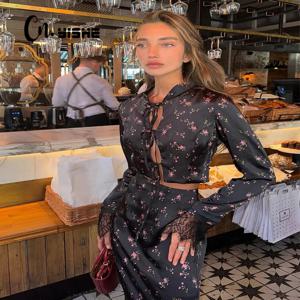 CNYISHE 프린트 슈트 2피스(탑+스커트) 여성 세트 패션 캐주얼 레이스업 긴팔 O넥 시스 트렌디 여성 스트리트웨어