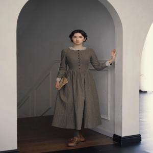 티이하일리 봄 여성 100% 면 드레스 긴 소매 롱 맥시 여성복 S-XL 빈티지 하이웨이스트 2025 신상 스트라이프 레이스 패치워크