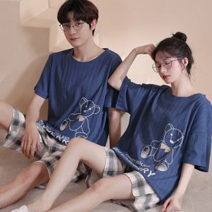코튼 커플 잠옷 남성 여성을위한 설정 여름 짧은 소매 수면 탑 & 반바지 Homewear 여성 남성 나이트 의류 hombre