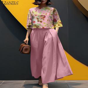 2026 ZANZEA 여름 팬츠 세트 패션 2피스 여성 매칭 세트 O넥 3/4 소매 블라우스 와이드 레그 바지 수트 캐주얼 의상
