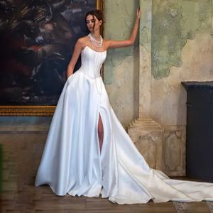 최신 새틴 Strapless a 라인 웨딩 드레스 여성을위한 Backless 코르셋 이브닝 드레스 플러스 신부 가운 vestidos de novia