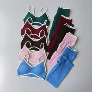 Seamless 2PCS 레깅스 세트 여성용 스트랩 스포츠 브라 및 레깅스 하이 웨이스트 피트니스 스컬프 레깅스 러닝 팬츠 체육복